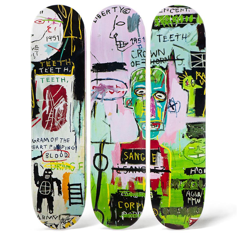 The three Basquiat in Italian Triptych Skateboard skate decks.