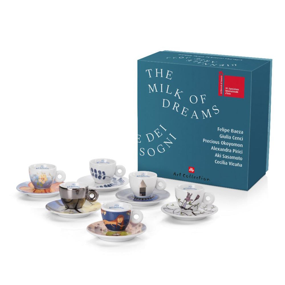 Set of 6 espresso cups and saucers with packaging.