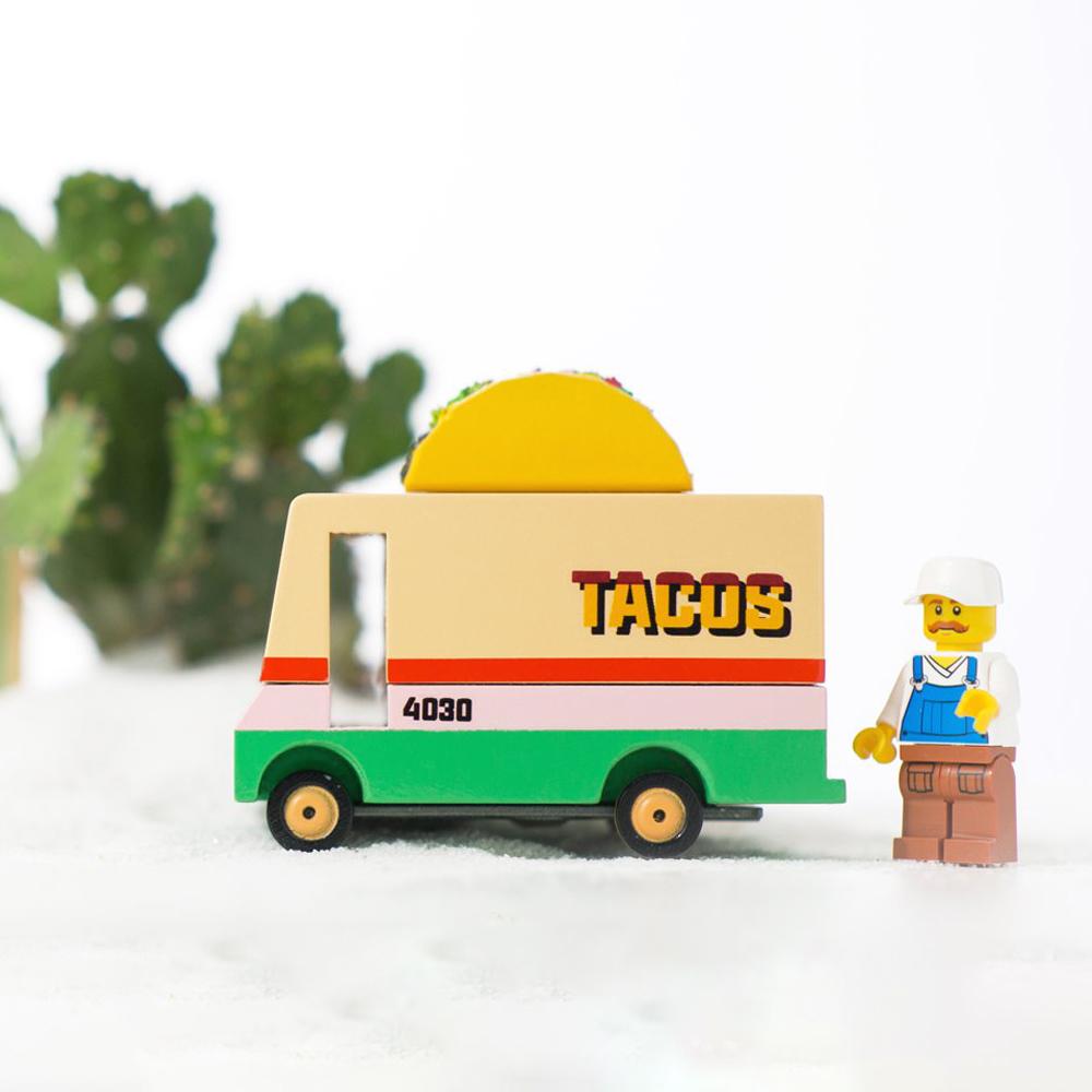 The Taco Candyvan displayed with a toy worker.