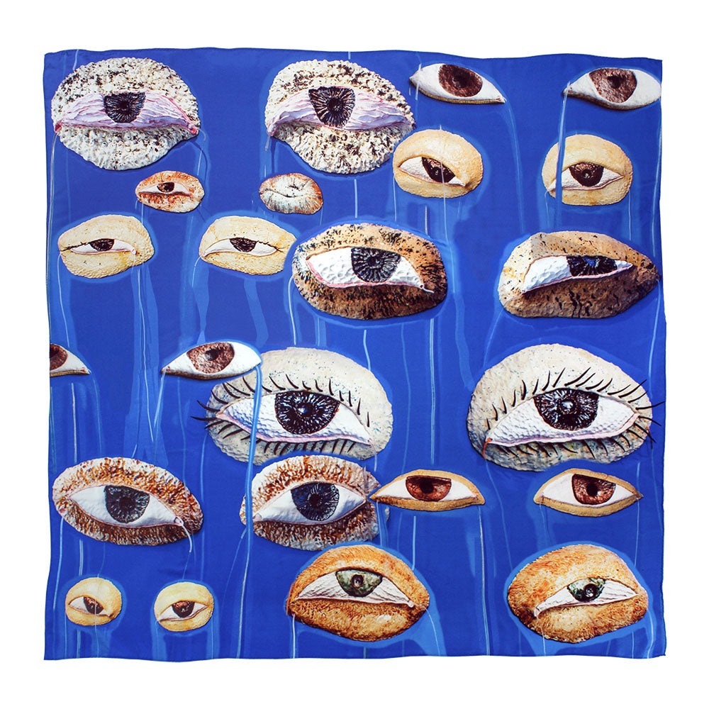 Cathy Lu 'Peripheral Visions' Scarf, blue silk with illustrated eyes.
