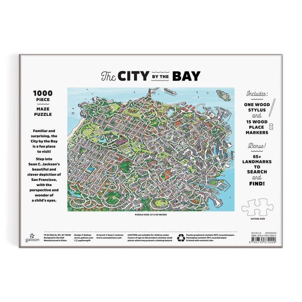 The back of the City By The Bay 1000-Piece Maze Puzzle&#39;s packaging.
