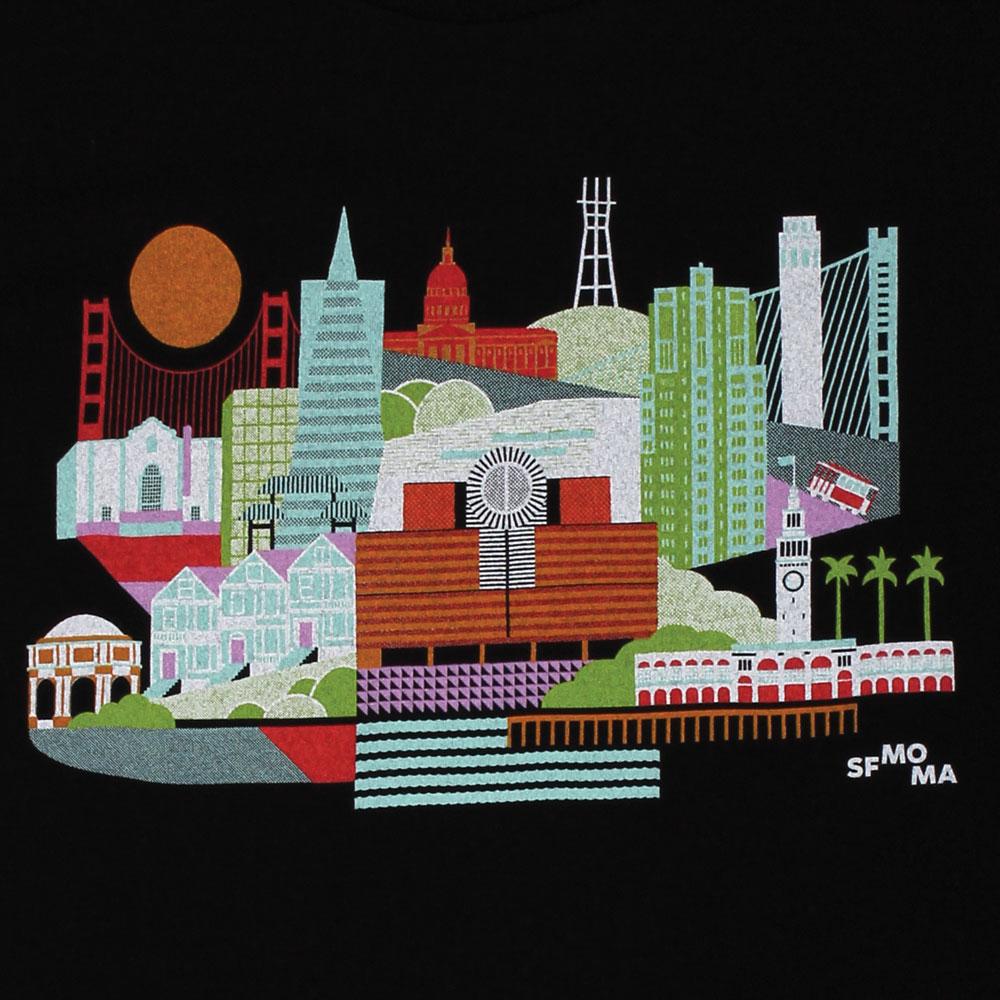 Close up of the artwork on the SFMOMA x Andrew Holder Slim Fit Cityscape T-Shirt.
