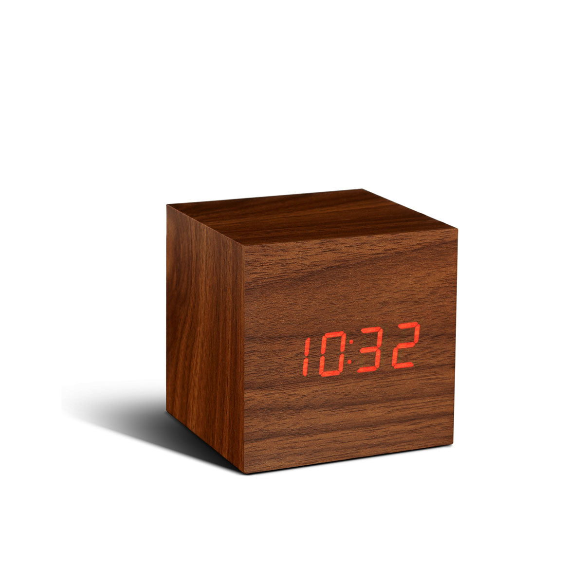 The Cube Click Clock: Walnut on display.
