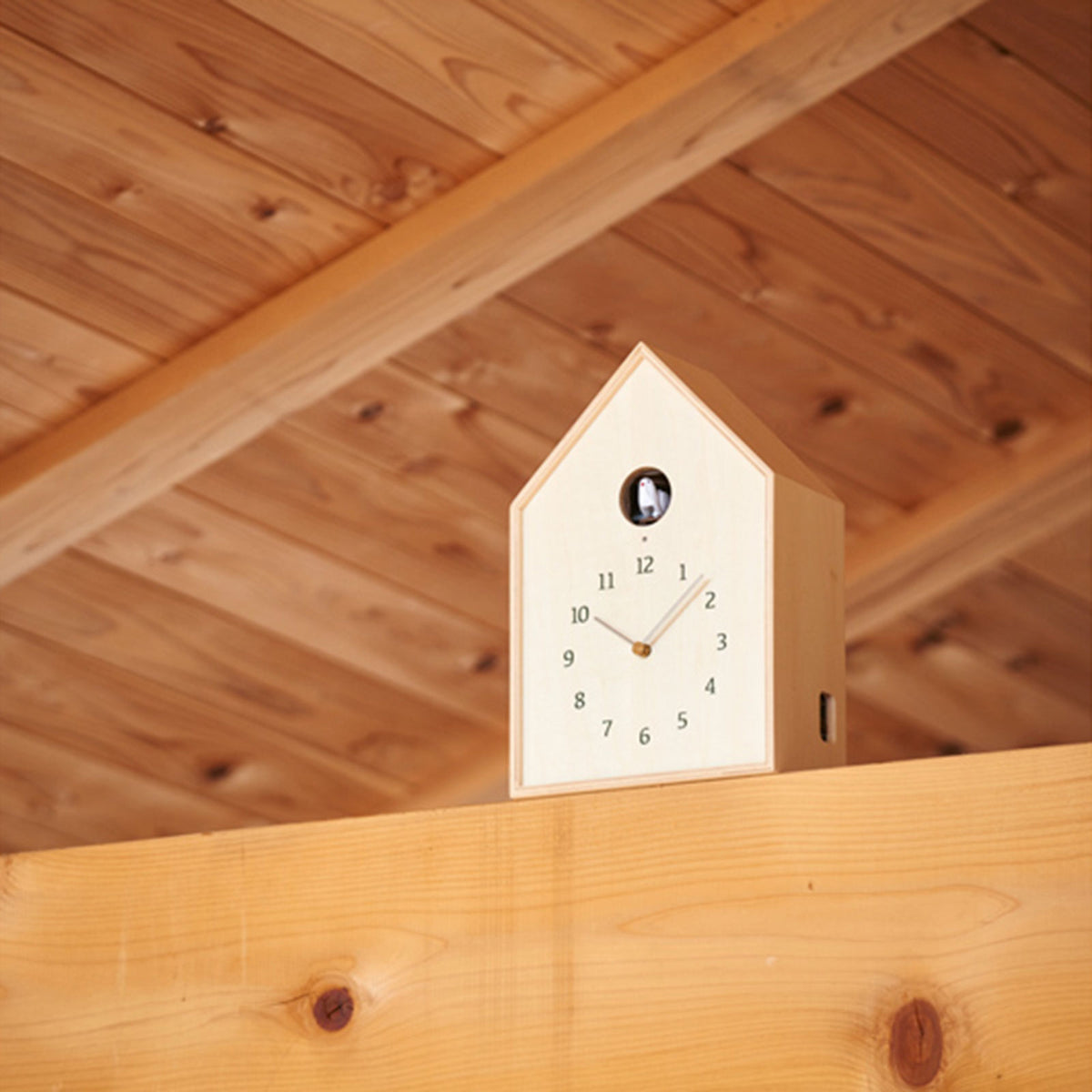 Plywood Birdhouse Cuckoo Clock displayed on a wood beam.