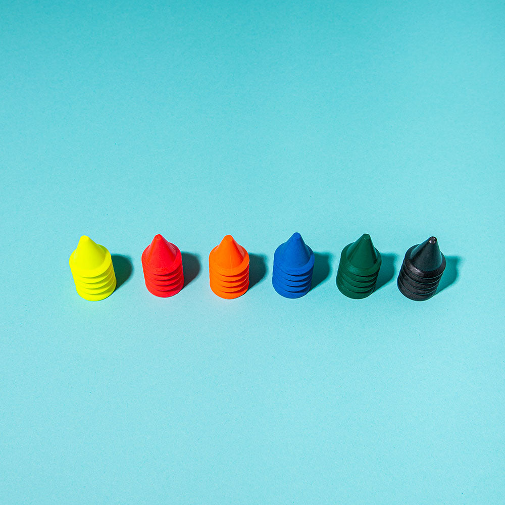 The Finger Crayons: Set of 6 lined up on a blue background.