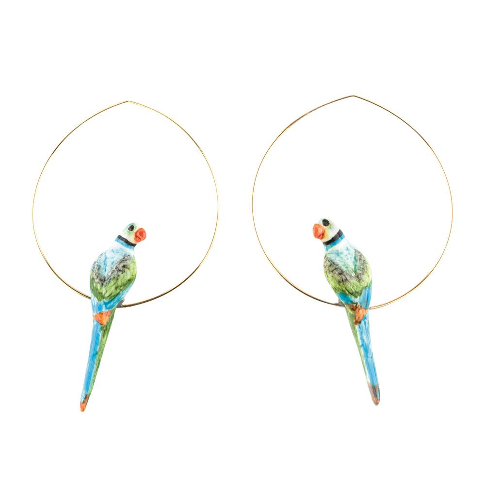 The Nach: Blue + Green Parrot Hoops on display.