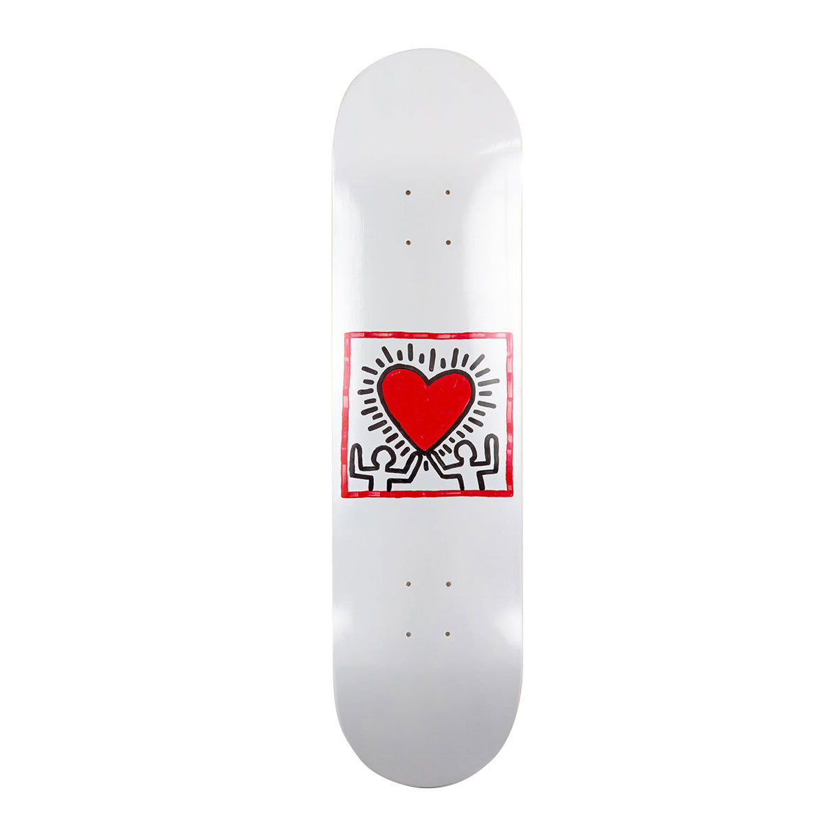 The Keith Haring Heart Skateboard's deck displayed.