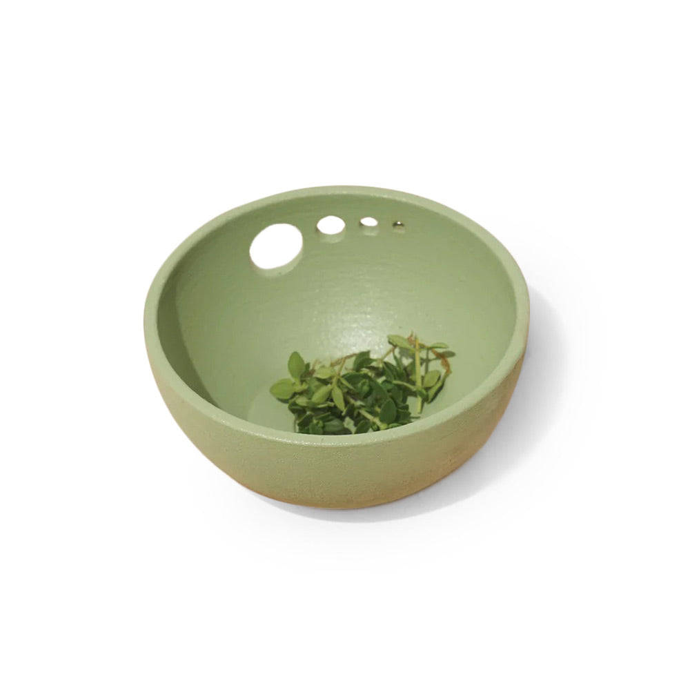 Herb dish on display with herbs in dish.