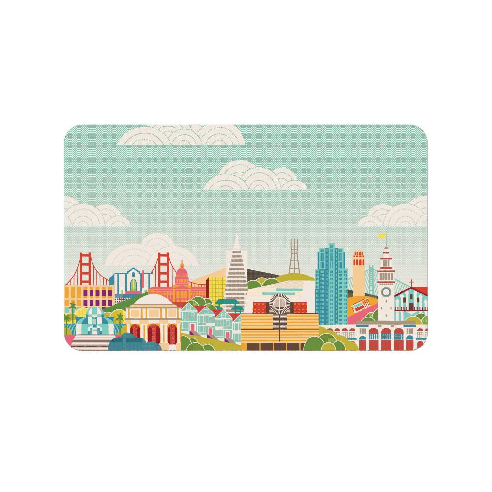 SFMOMA x Andrew Holder Cityscape Travel Mousepad with top corner folded back to show rubber base.