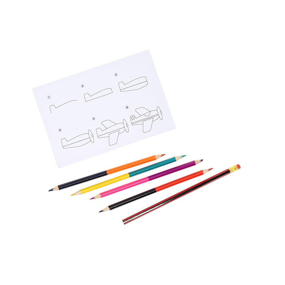 Instructions on how to draw a plane displayed with the How To Draw Vehicles kit&#39;s colored pencils and eraser.