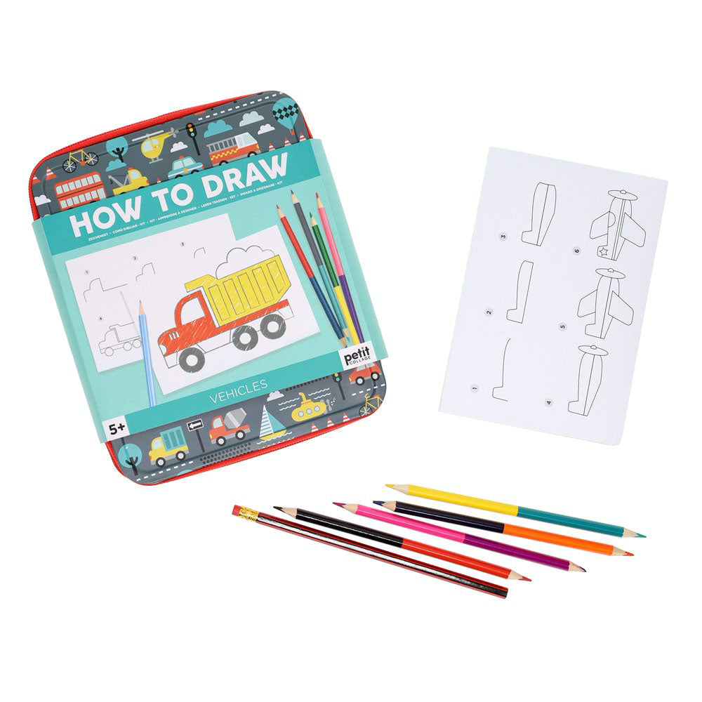 The How To Draw Vehicles kit displayed with its instructions and colored pencils.