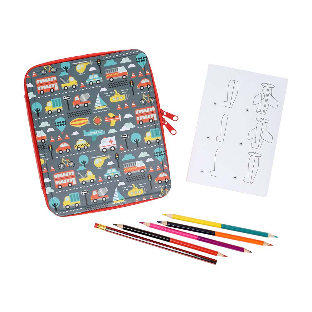 The tin from the How To Draw Vehicles kit displayed with its pencils and instructions.
