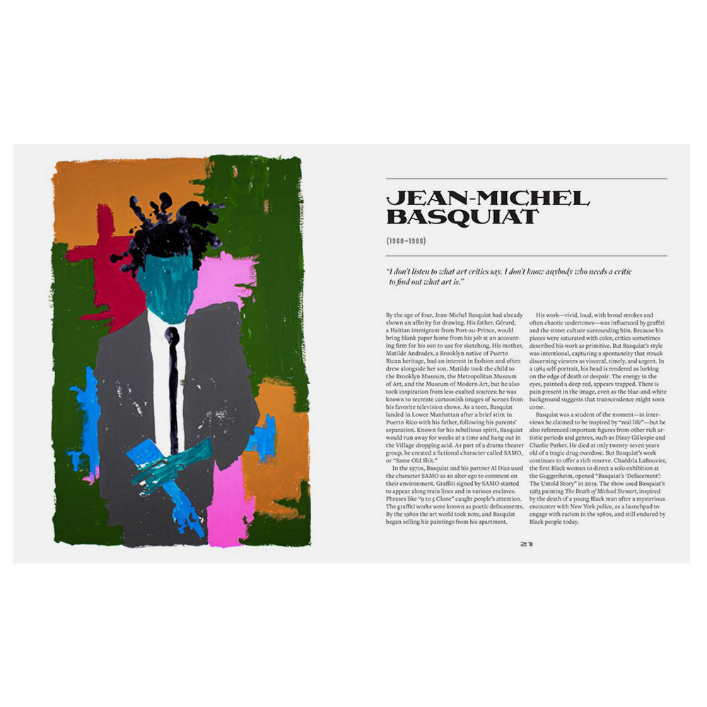 Interior pages of Illustrated Black History featuring a stylized full-color illustration of Jean-Michel Basquiat followed by a brief biography of Jean-Michel Basquiat