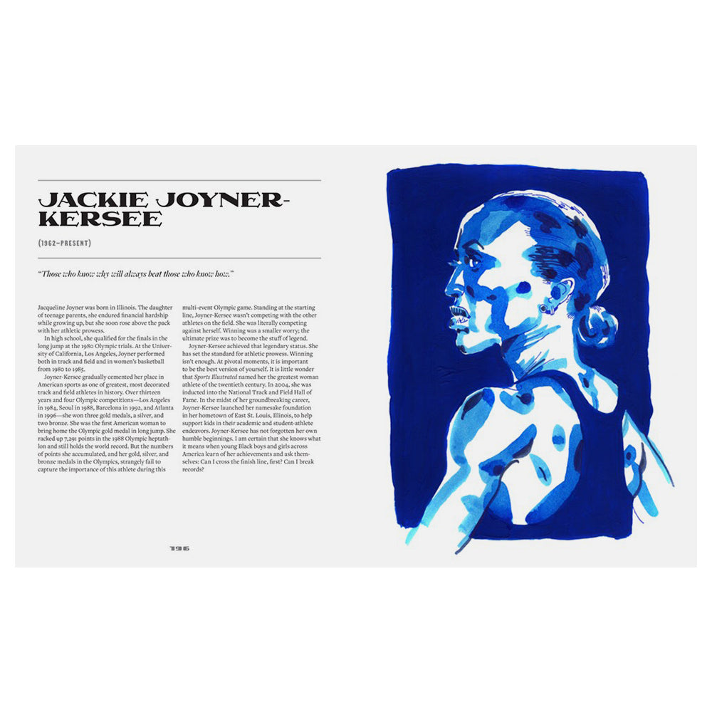 Interior pages of Illustrated Black History featuring a brief biography of Jackie Joyner-Kersee followed by a full-color illustration of Jackie Joyner-Kersee