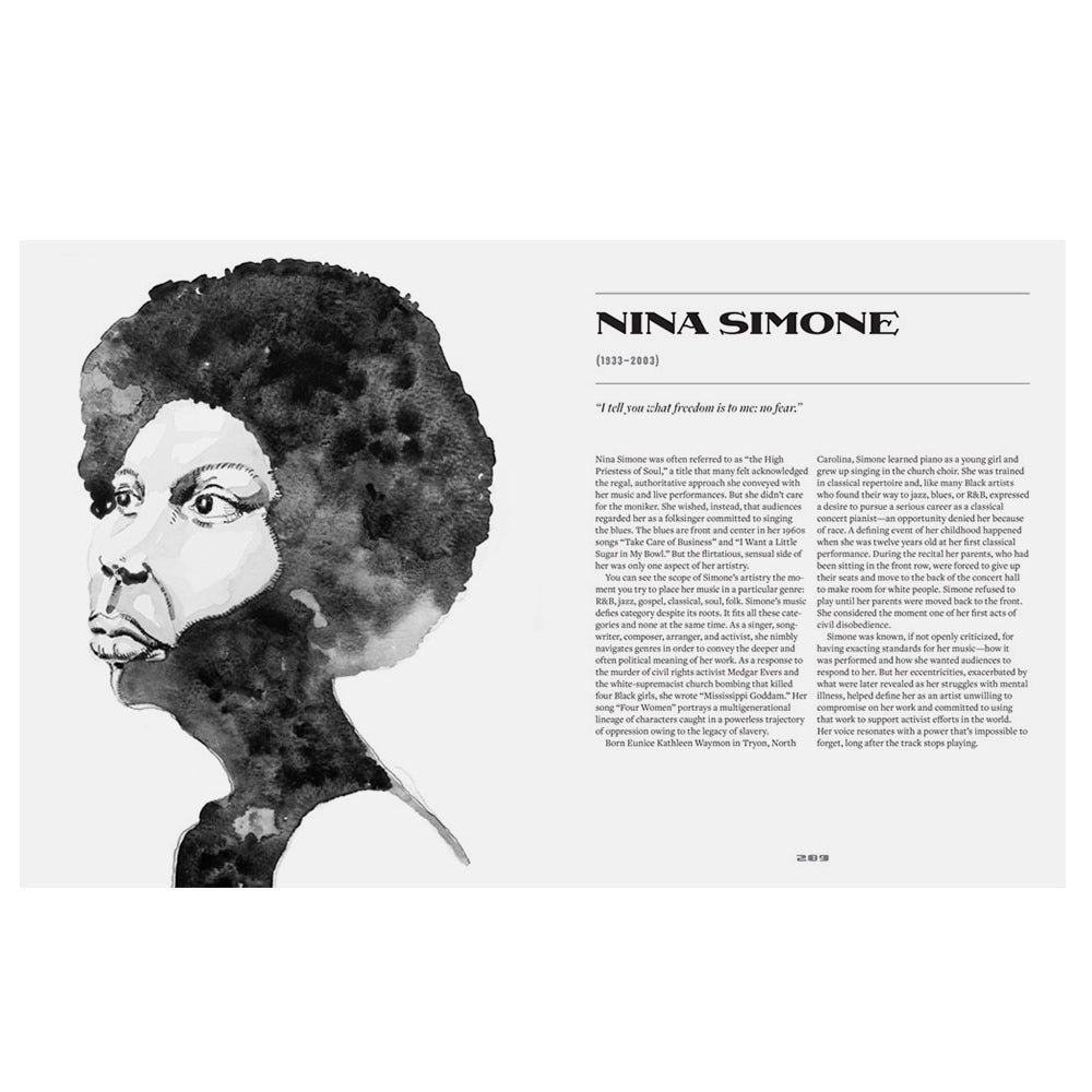 Interior pages of Illustrated Black History featuring a stylized black and white illustration of Nina Simone followed by a brief biography of Nina Simone