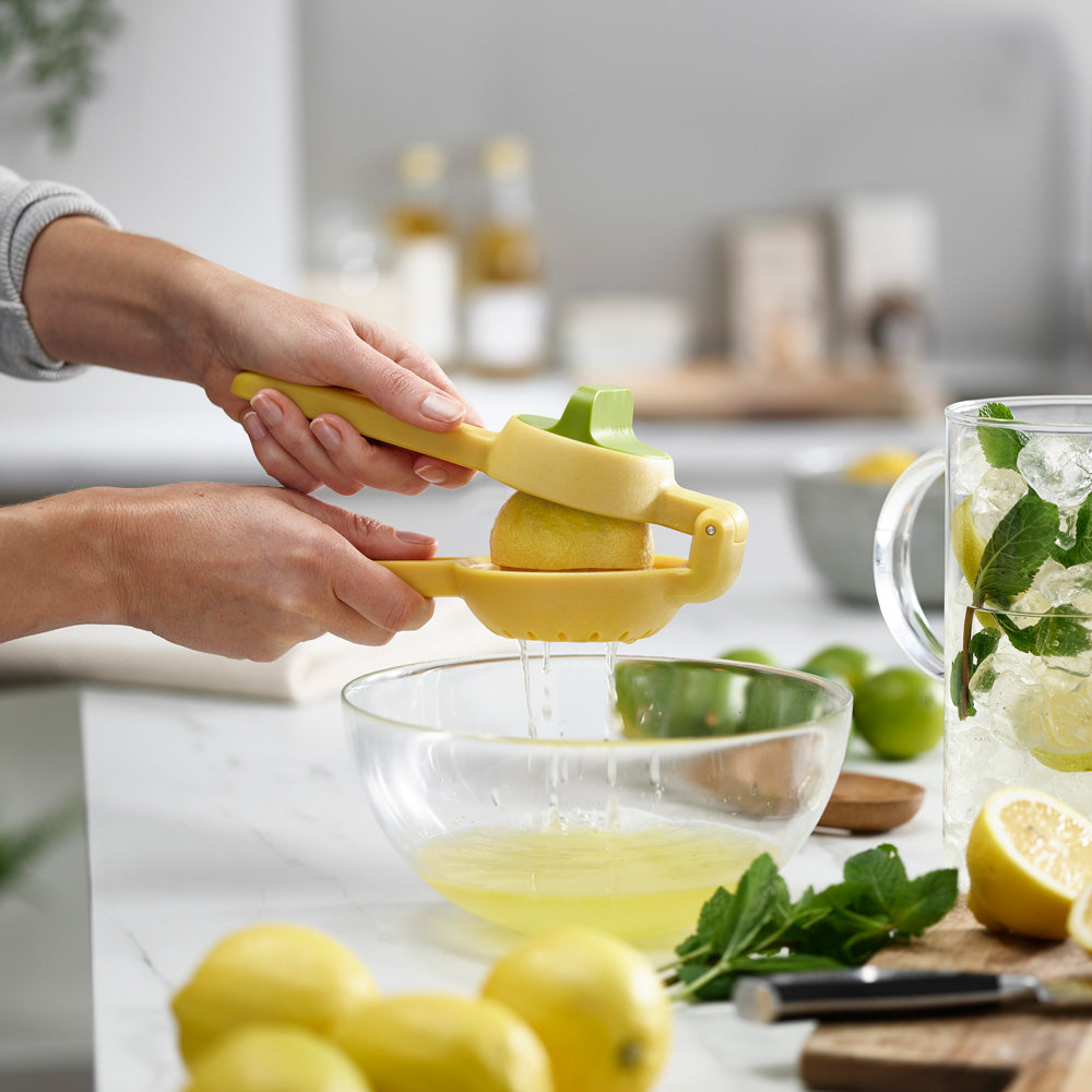 Model squeezing lemon with citrus press.