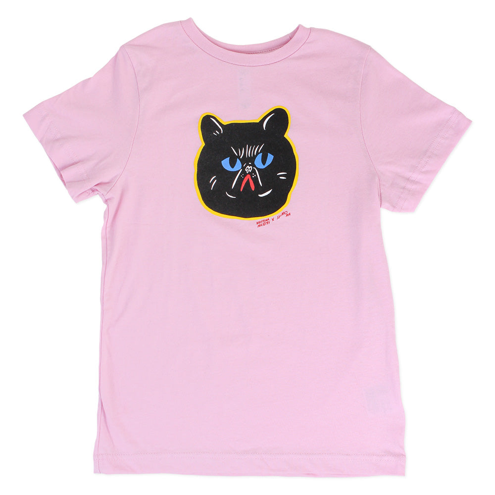 Kristina Micotti Mad Cat pink kids t-shirt on white background.