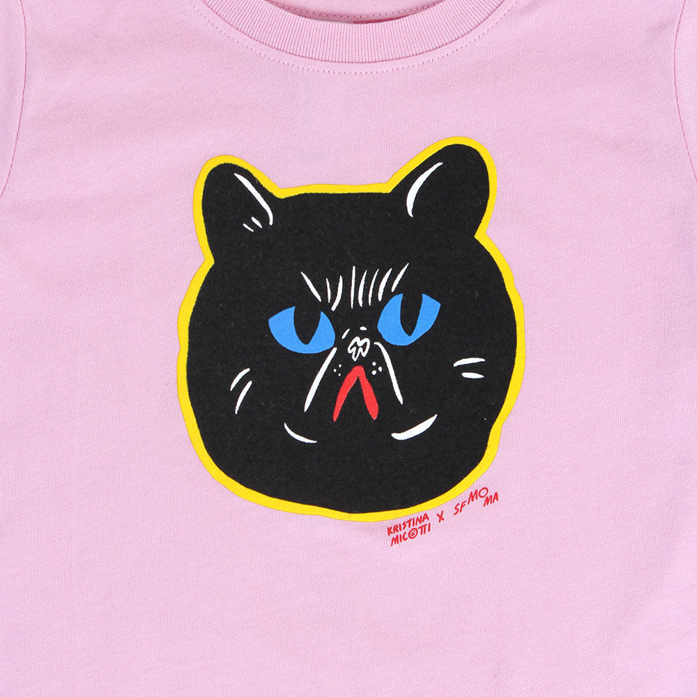 Closeup of Micotti Mad Cat pink toddler t-shirt screenprint graphic.