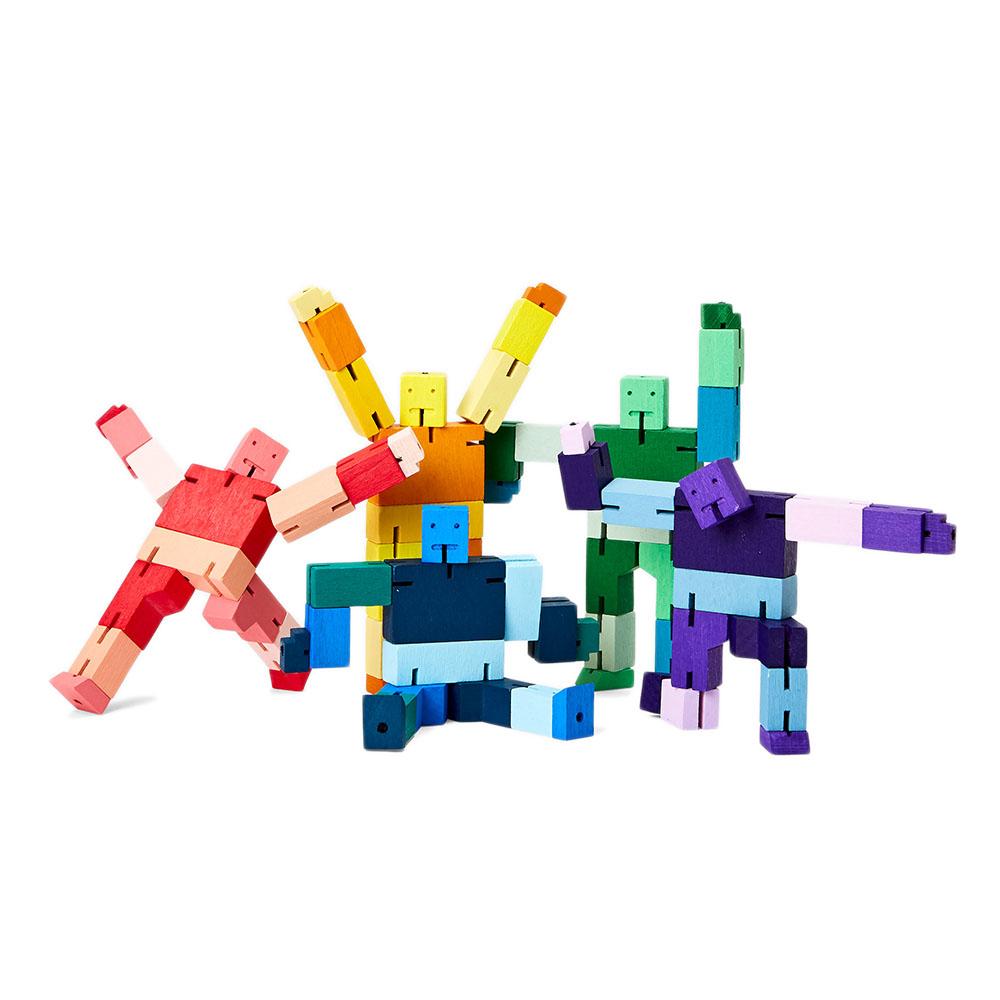 Several different colored Micro Cubebots displayed with arms outstretched.