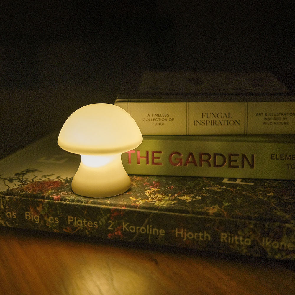 Small Mushroom Light by Kikklerland, turned on, resting on stack of books.