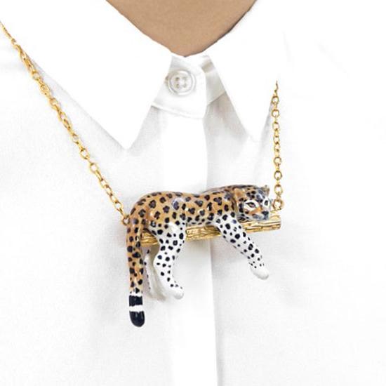 Close up of a model wearing the Nach: Leopard Necklace. 