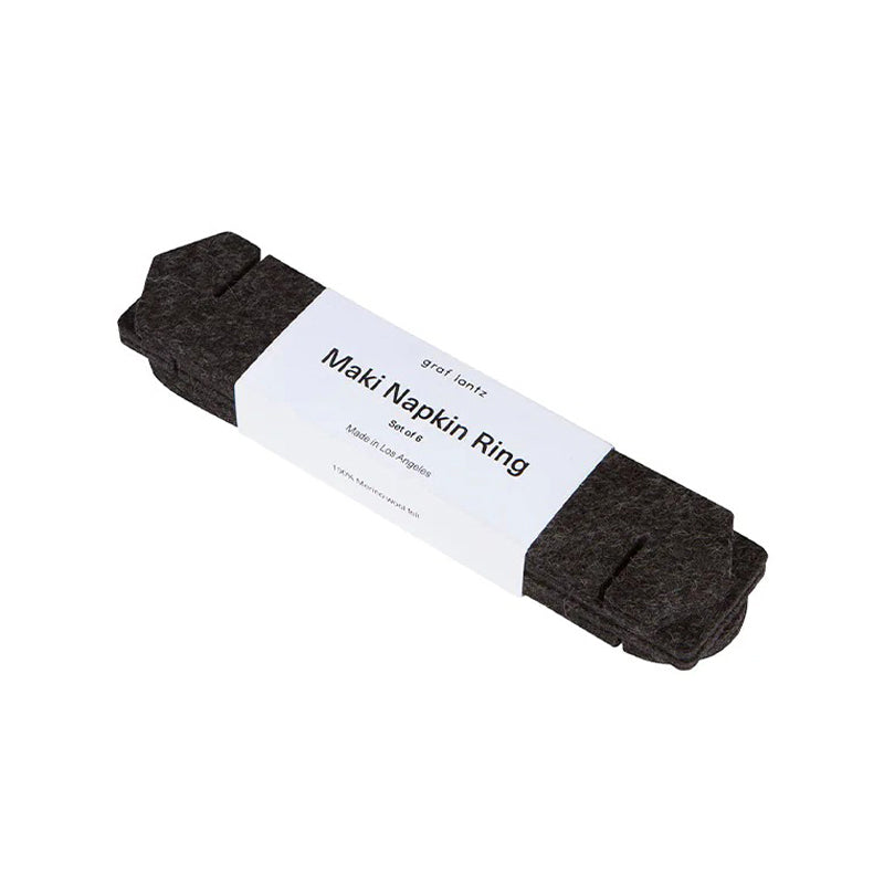Merino wool felt Charcoal Napkin Rings with paper label wrap.