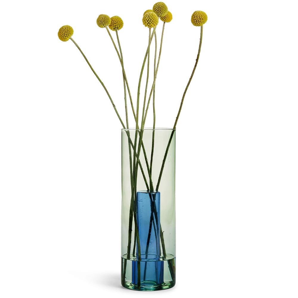 Reversible Vase: Green + Blue flipped on its other side and displayed with flowers.