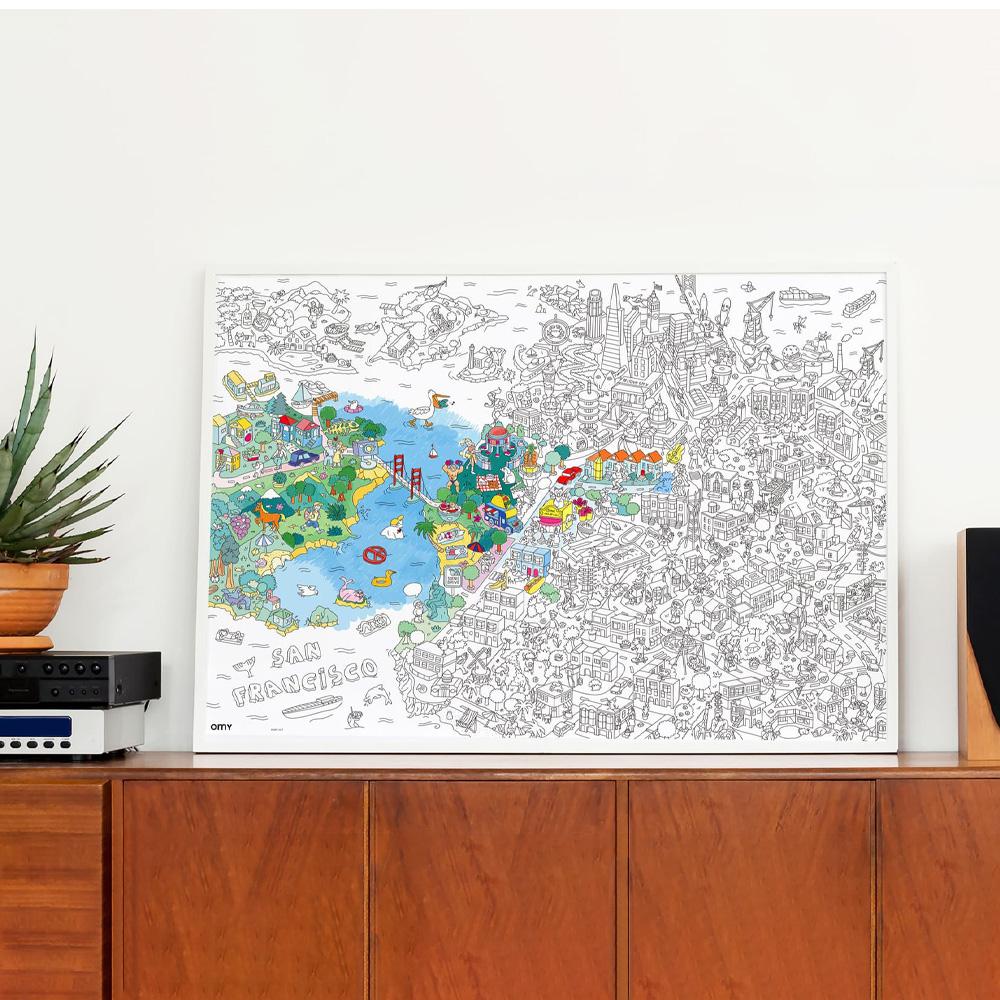 A partially completed San Francisco Coloring Poster mounted on a shelf.