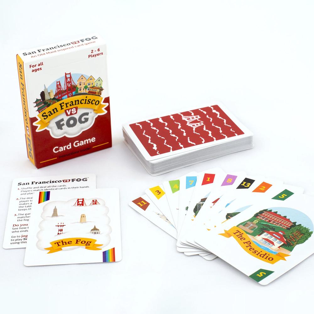 The San Francisco vs Fog Game&#39;s cards and instructions displayed by its packaging.