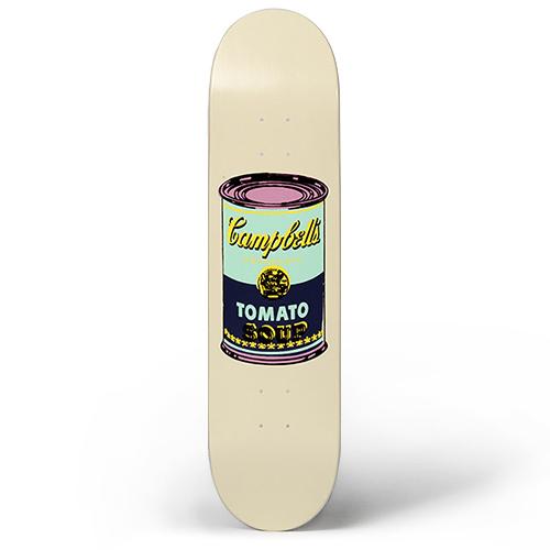 The Warhol Soup Can Skateboard: Eggplant on Cream displayed standing.