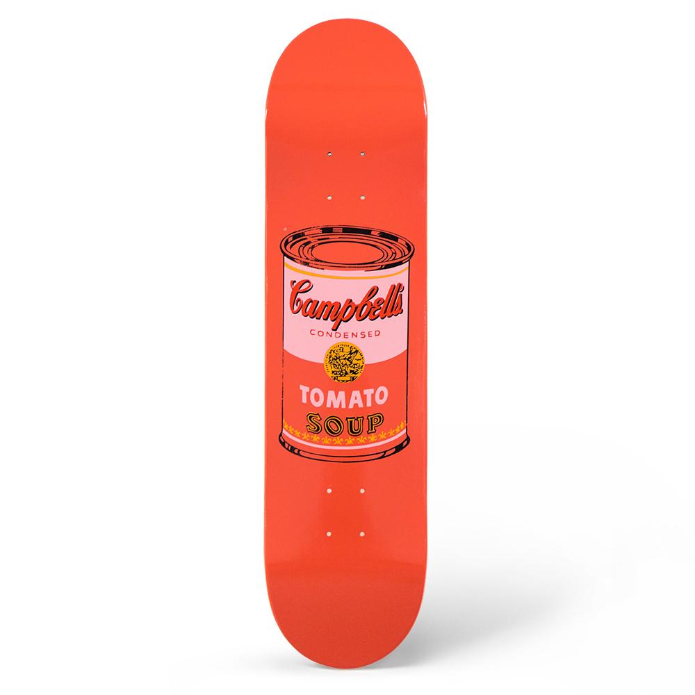 The Warhol Soup Can Skateboard: Peach displayed standing.