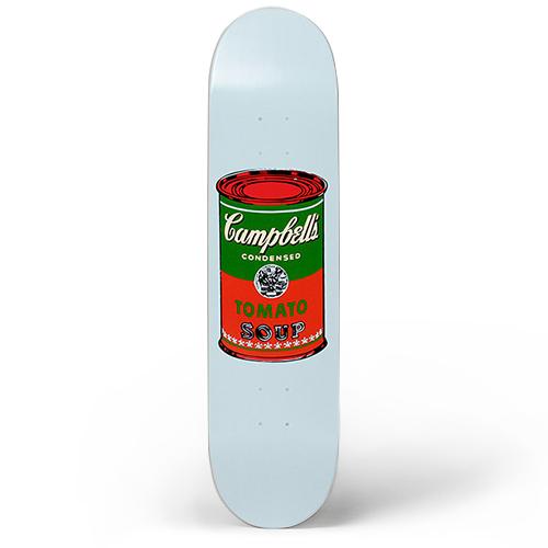 The Warhol Soup Can Skateboard: Red on Light Blue displayed standing.