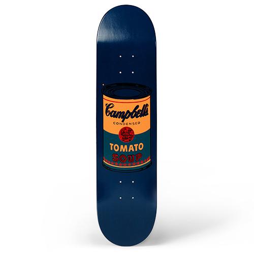 The Warhol Soup Can Skateboard: Teal on Dark Blue displayed standing.