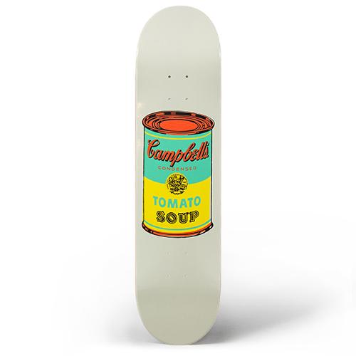 The Warhol Soup Can Skateboard: Yellow on White displayed standing.
