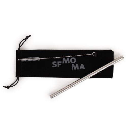 SFMOMA Stainless Steel Drinking Straw Kit with its straw and cleaner displayed on the travel pouch.