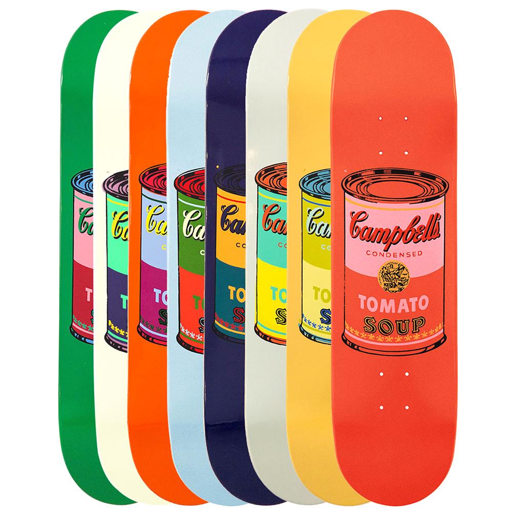 All eight decks from the Warhol Soup Can Skateboards: Set of 8 stacked together and fanned out.
